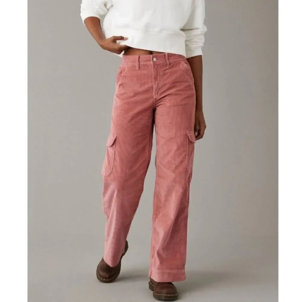 American Eagle Cargo Pants Salmon Pink Corduroy Super High Rise Baggy Wide Leg